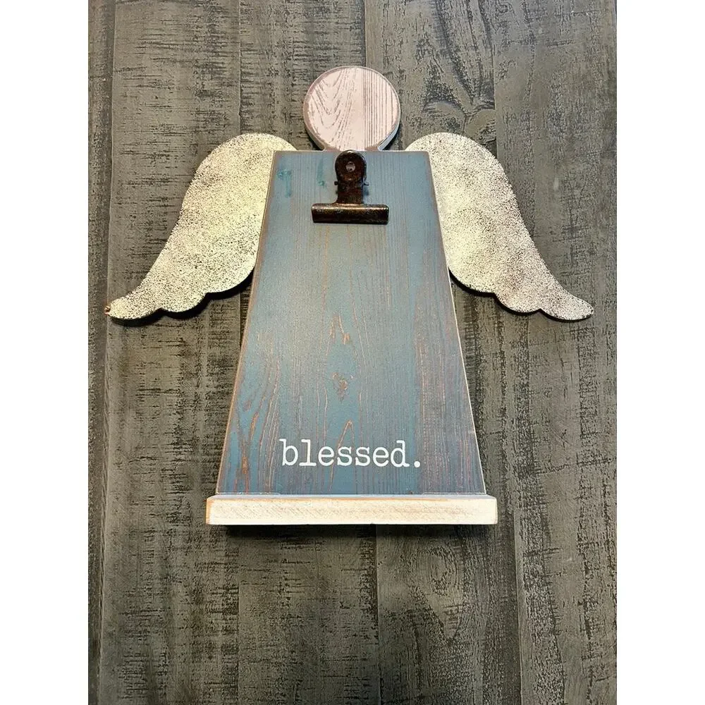 Rustic Wooden Angel Photo Holder Clipboard Blessed Farmhouse Wall Decor Blue